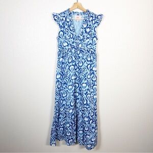 BANJANAN Size Small Womens Constance Midi Dress in Blue Ikat Bosphorus Print